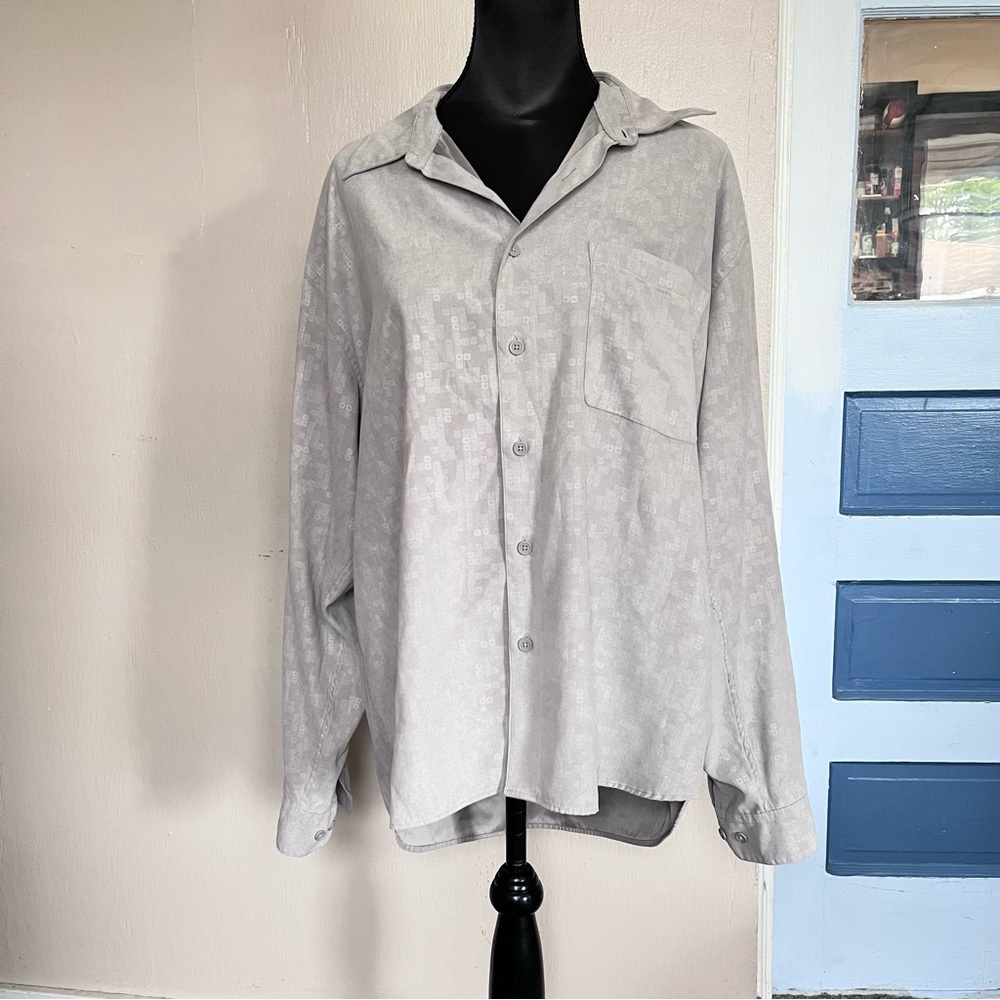 Firethorn 90s preppy cream abstract print suede button down shirt